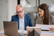 © MINAE - Senior businessman and young businesswoman are discussing charts and graphs using laptop and documents in office meeting, working together on project, analyzing financial data and planning strategy