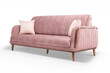 © Hamid - Three-quarter view of a pink retro-style sofa with cushions. Upholstered loveseat with wooden legs and arms, isolated on a white background for design.