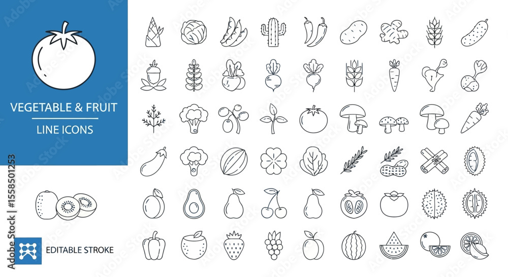 Line Art Fruits and Vegetables Minimalist Icon Set for Healthy Food and ...