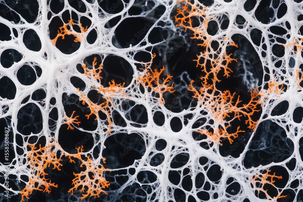 A close up of white coral structure with orange accents against a dark background creating contrast