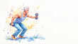 © Elenba - Watercolor-style painting depicts a muscular senior man in athletic wear doing strength training with dumbbells against a white background, used to showcase healthy lifestyle options, with copy space.
