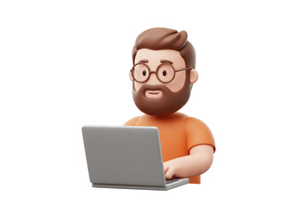 Isolated Man with Beard Working on Laptop