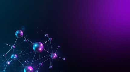 Abstract network of spheres connected by lines against a dark purple and blue gradient background