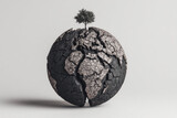 Cracked earth globe with small tree sprouting on top, symbolizing hope, environmental conservation, climate change, and global restoration, isolated on light background