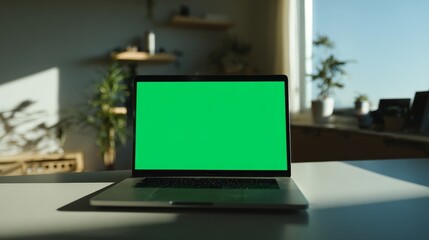 A modern laptop sits on a desk with a green screen, ideal for showcasing software or web design in a bright workspace.