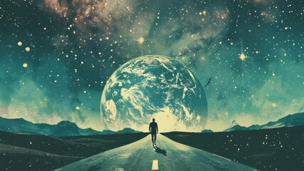 Wall Mural - A man walks on a road towards a large, rotating planet in a starry sky. The scene conveys themes of space exploration and retro aesthetics.