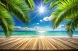 © LovelyRani - A wooden deck overlooks a tropical beach scene with palm trees and a bright sunny sky
