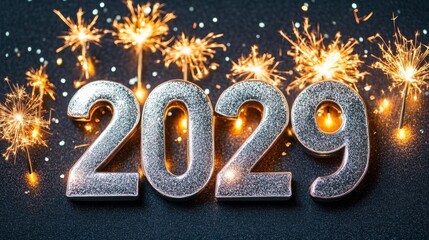 Wall Mural - shimmering silver 2029 embossed on dark backdrop with colorful fireworks for new year