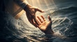 © Cliff - Close-up of Jesus' hand saving the hand of a drowning man. Miracle of saving the life of Jesus Christ, Son of God, salvation from drowning. Christmas, Easter, love, Paradise and salvation concept.