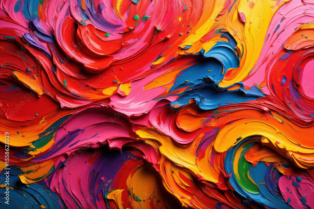 A vibrant swirl of colors in an abstract painting with thick textured ...