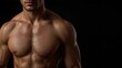 © PremiumPhoto - Home Workout Equipment. Pheromone oil Looks maxing Testosterone Men face serum Pheromones Chest fullness Therabody Manscaped Bare performance Bulking Muscular male torso with defined abs on black