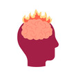 © Iuliia - Brain with fire, head profile. Burnout on stress, brainstorm. Intense brain activity from overwork, tension, multitasking. Vector illustration
