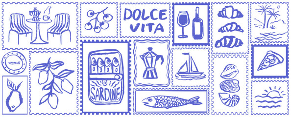 Italian style vacation hand drawn vector illustrations in grunge chalk or charcoal rough doodle sketch style. Summer vacation post stamps in frames for poster, placard or menus. Italy holiday postcard