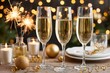 © Lubos Chlubny - Champagne flutes sparkling on new year's eve table setting with festive decorations