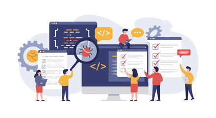Software development teamwork vector illustration in flat style for tech projects and collaboration design