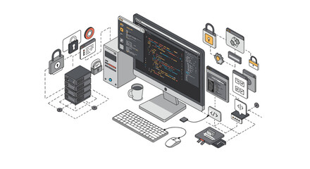 Isometric vector illustration of cybersecurity and data storage for tech design