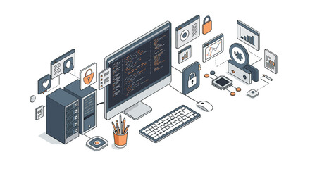 Isometric cybersecurity vector illustration for software development concepts and digital protection design