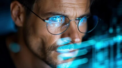 A Man with Glasses in a Cyberpunk Setting. Abstract for AI, AR, VR, Cyber Security, Hacker, SciFi, Hi-Tech, Futuristic.