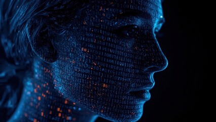 Profile of woman with digital binary code projection, futuristic, dark
