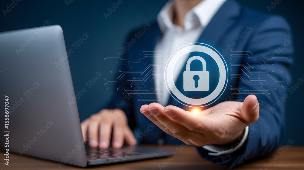 Hand Privacy Businessman protects data privacy with a digital padlock icon above his ...
