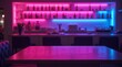 © Oleg  Zaharov - An empty table in the lounge area of a futuristic nightclub interior, a bar in purple and blue neon lights with free space for text, advertisements