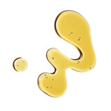 Close-up of golden oil drops, 3d rendering beauty product face serum cosmetic minimalist background