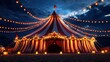 © dreamer - A brightly lit, red and white striped circus tent glows under a starry night sky, adorned with string lights and surrounded by lanterns.