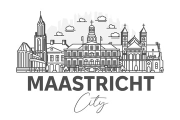 Wall Mural - Maastricht, Netherlands architecture line skyline illustration with shadows. Linear vector cityscape with famous landmarks, city sights, design icons.