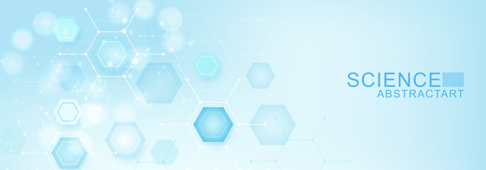 Wall Mural - modern health care abstract background with lines, dots and hexagons. medical innovation banner temp