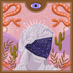 Wall Mural - modern illustration in boho country style with elements of astrology and tarot. female character and