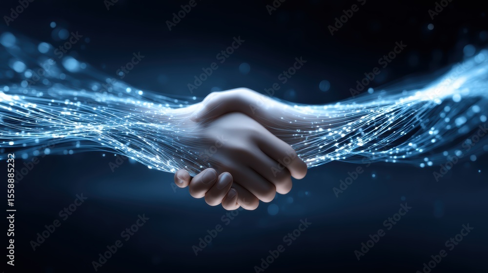 Two hands shaking, blending with flowing digital lines, symbolizing ...