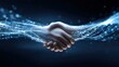 © watcharee - Two hands shaking, blending with flowing digital lines, symbolizing connection between human interaction and technology in a futuristic setting.