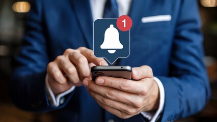 Notification bell appears on phone held by a man in a suit
