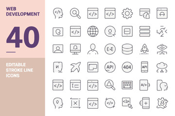 Collection of 40 web development editable stroke line icons isolated on white background