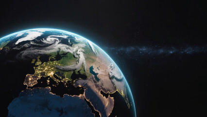Wall Mural - dramatic photograph of earth from space, showing the planet's curved surface against the black void 