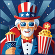 © Goutam - Uncle Sam emoji with 3D glasses eating popcorn watching colorful fireworks movie patriotic USA celebration
