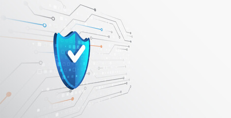 Wall Mural - Modern cyber background with printed circuit board, blue shield on light hi-tech background. Symbolizes data protection, network security and digital reliability. Ideal for information security themes