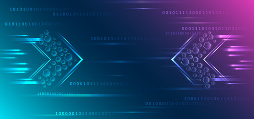 Wall Mural - Futuristic blue background with hexagons and directional arrows symbolizes forward movement, technology, progress and digital transformation. Hi-tech background for presentation and banners.