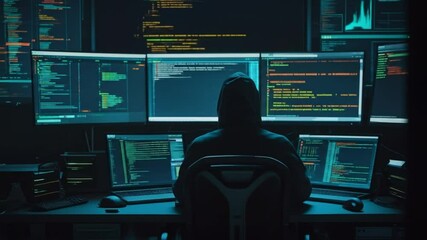 Programmer works on computer monitors, dark coding and cybersecurity concept