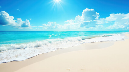 sunny beach scene with turquoise ocean white sand blue sky and fluffy clouds bright sun shining over