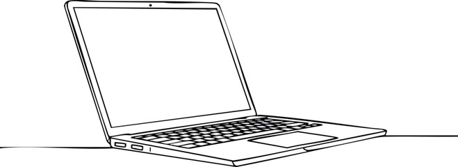 Laptop computer vector line art with open screen and keyboard in perspective view for technology design