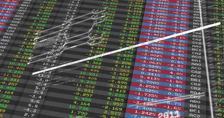 Wall Mural - Displaying white ascending line chart arrow crossing trading dashboard, with color-coded stock grid