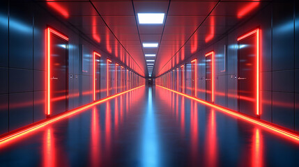 Wall Mural - futuristic corridor with red neon door frames and reflective blu