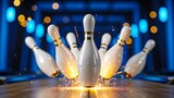 Striking bowling pins display action and vibrant lighting, ideal for sports, recreation and leisure concepts.