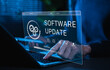 © Supatman - Software Update and System Upgrade Concept. Person holding phone while using laptop with software update progress interface and security, technology maintenance, application upgrades, system security.