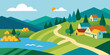 © Vokto - Vector illustration of a serene rural landscape with houses, green hills, and trees under a summer sky