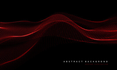 Wall Mural - abstract red mesh particles wave curve overlap technology network digital on black background vector