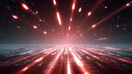 Wall Mural - digital design featuring red light beams converging towards a distant horizon, creating a futuristic
