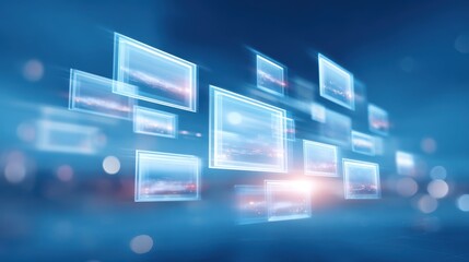 Wall Mural - abstract digital display of floating frames against a blue background, conveying a sense of technolo