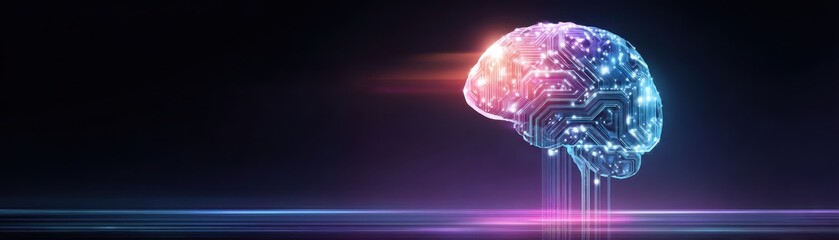 Wall Mural - futuristic digital brain with circuit patterns illuminated by vibrant colors against a dark backgrou